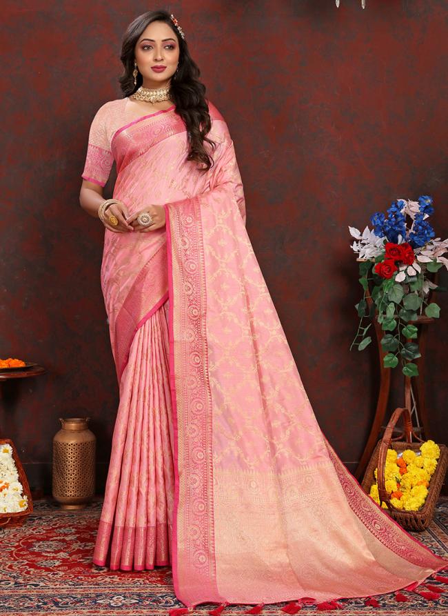 Soft Cotton Silk Pink Wedding Wear Weaving Saree